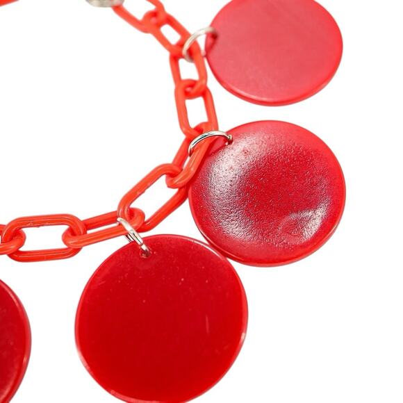 Vintage Chunky Bold Red Galalith Disk Charms Bracelet On Plastic Chain Geo Mod - Picture 6 of 8